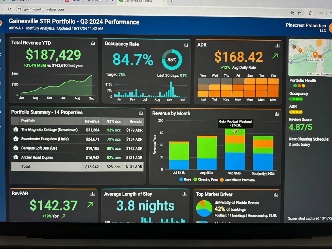 Ultra-realistic 8K dashboard screenshot showing real performance metrics for Gainesville short-term rental portfolio, revenue, occupancy rate, ADR statistics displayed clearly
