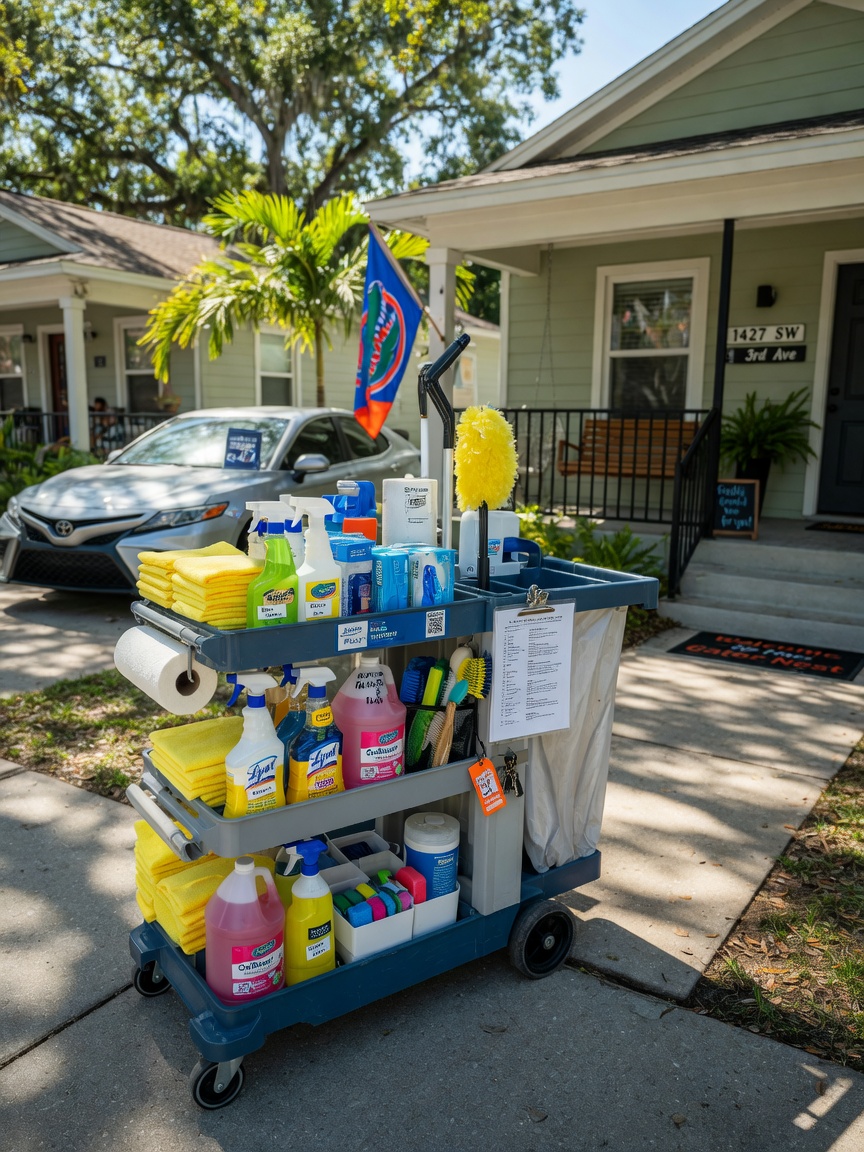 Ultra-realistic 8K image of professional cleaning cart stocked with supplies outside Gainesville Airbnb property on sunny day, realistic details and depth of field