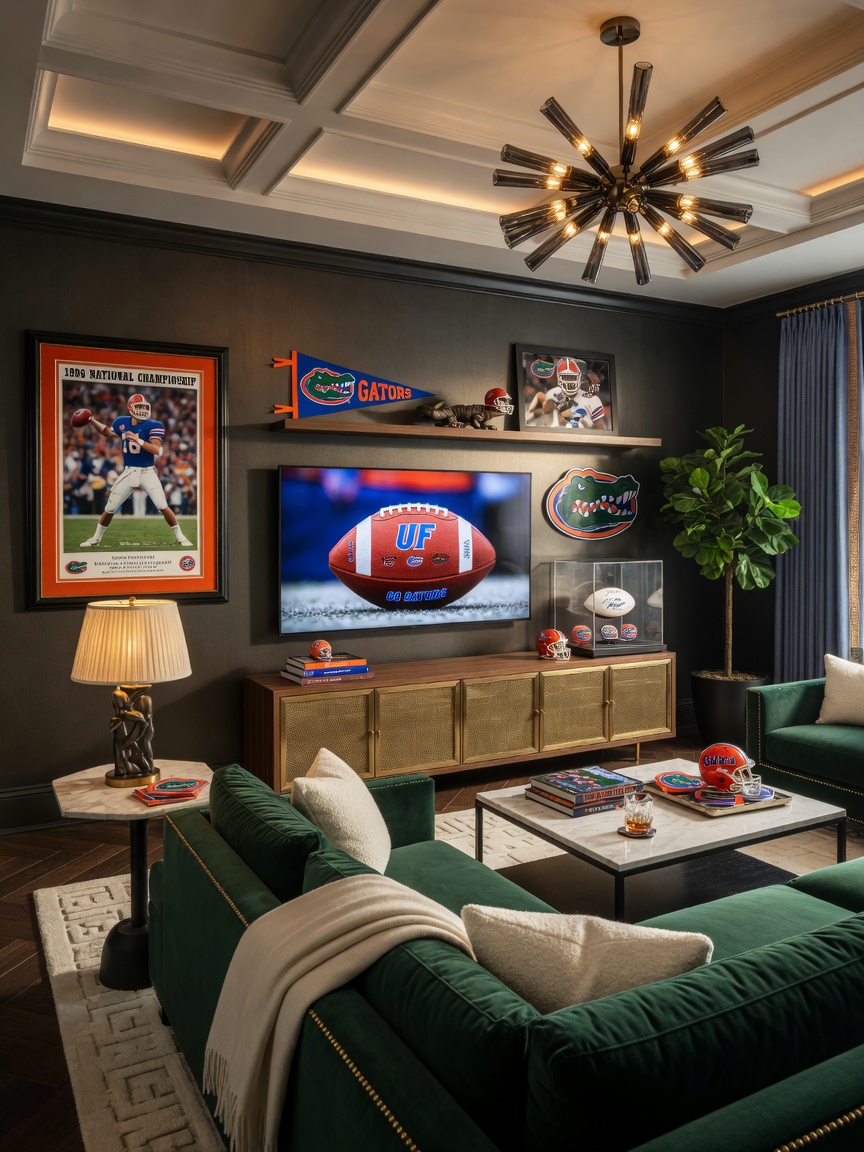 Luxurious short-term rental living room with comfortable furnishings, large TV, and UF Gators memorabilia tastefully displayed