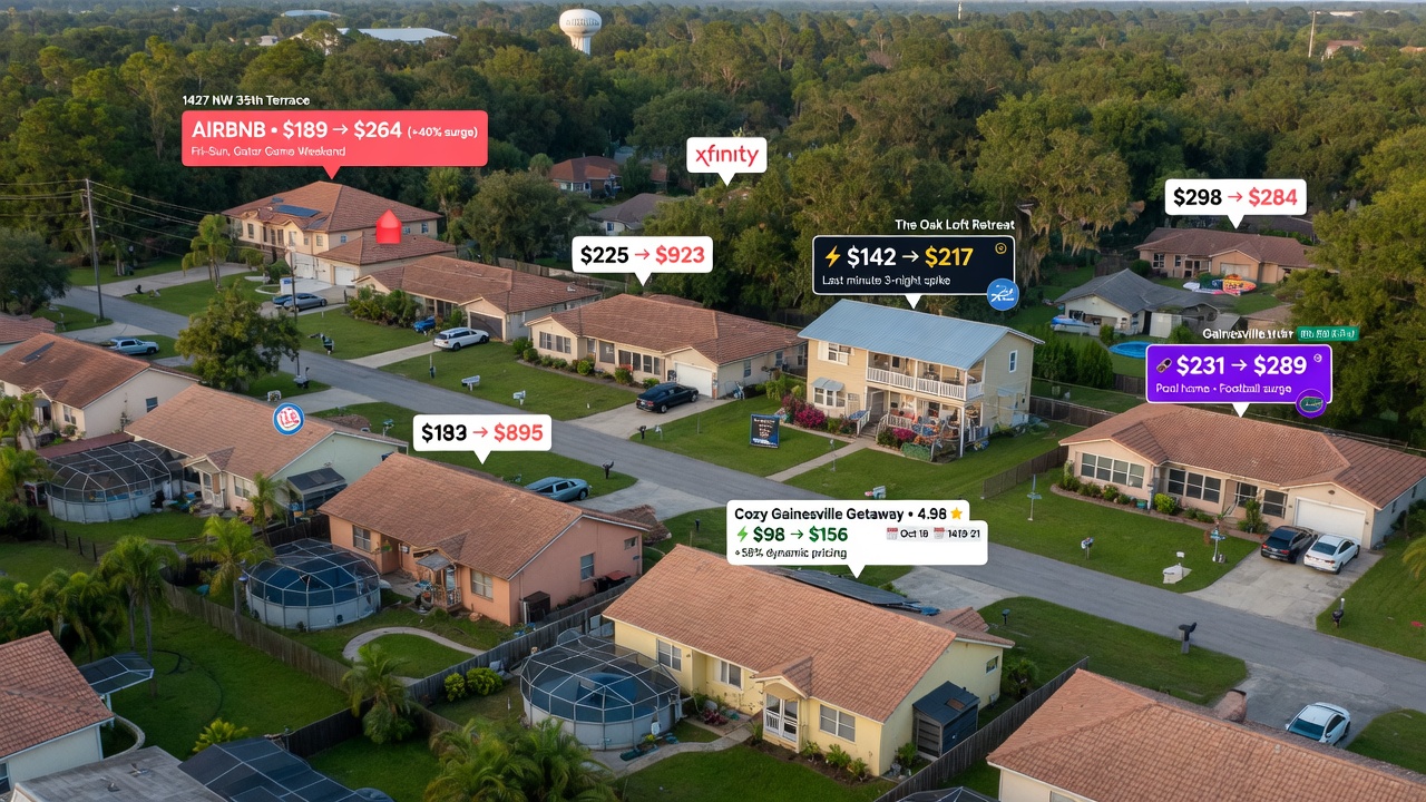 Ultra-realistic 8K aerial view of suburban Gainesville neighborhood with multiple Airbnb properties marked with pricing indicators showing dynamic rate changes