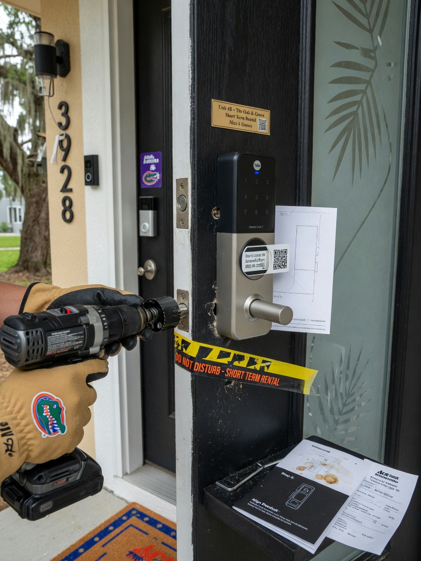 Ultra-realistic 8K close-up of smart lock installation on modern front door of short term rental property in Gainesville Florida, high detail textures