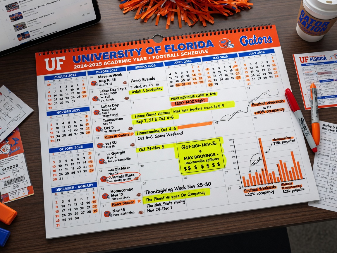 Calendar showing University of Florida academic year and football schedule with highlighted peak revenue periods for short-term rentals