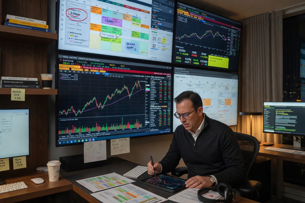 Ultra-realistic 8K image of professional investor analyzing pricing data on large monitor wall in modern home office, charts and calendars visible, focused expression