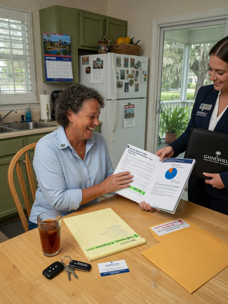 Ultra-realistic 8K photograph of Gainesville property owner receiving financial report from professional management company, smiling with relief at kitchen table
