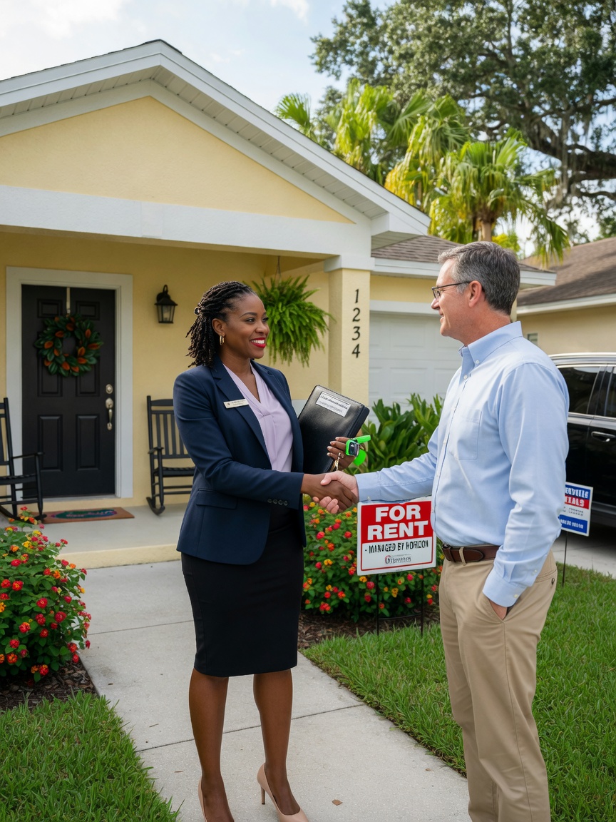 Confident female property manager in business attire shaking hands with Gainesville homeowner outside a well-maintained rental property