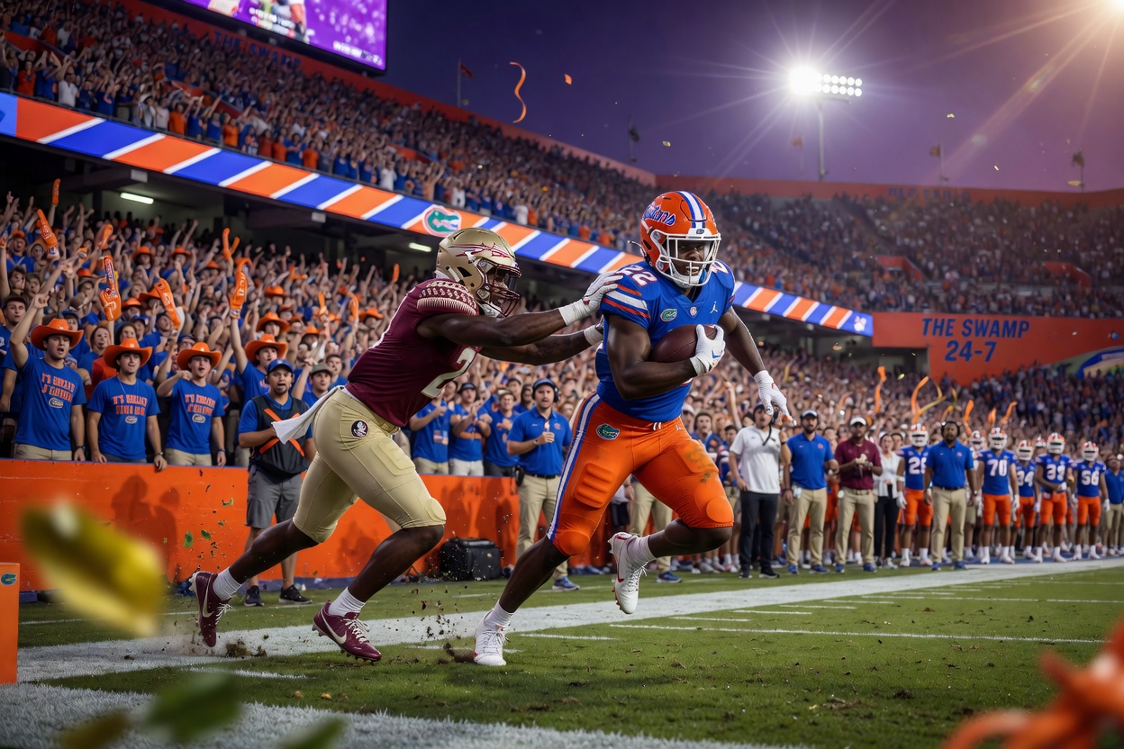 Ultra-realistic 8K photo of UF Gators football game action on field with crowded stands, dramatic action shot, vibrant team colors, high energy atmosphere