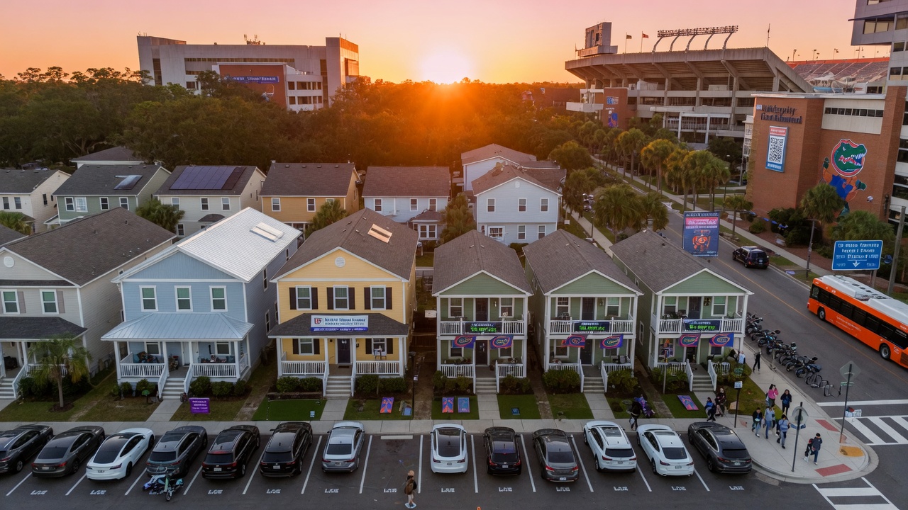 Ultra-realistic 8K aerial view of multiple short term rental properties near University of Florida campus in Gainesville showing strategic location advantages