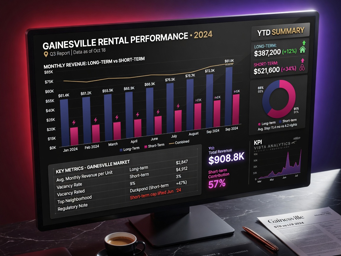 Detailed financial dashboard showing monthly revenue comparison between long-term and short-term rental performance metrics in Gainesville