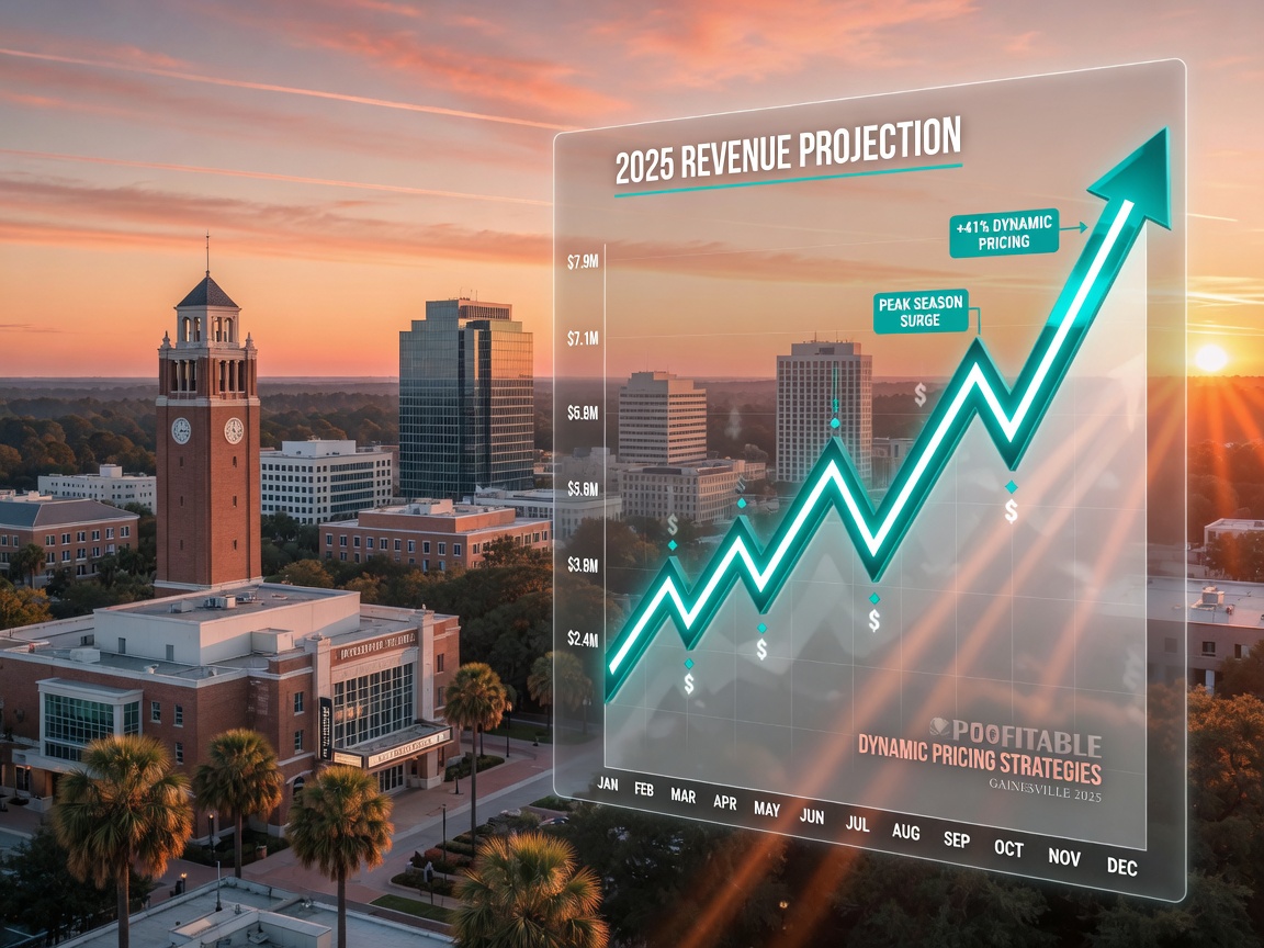 Ultra-realistic 8K image of upward trending revenue graph superimposed over beautiful Gainesville skyline at sunrise, symbolizing profitable dynamic pricing strategies for 2025