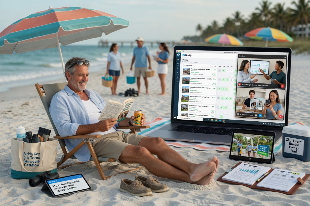Ultra-realistic 8K image of relaxed property owner enjoying leisure time at Florida beach while professional team manages their Gainesville short term rentals remotely