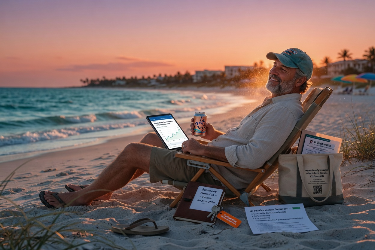 Peaceful image of a Gainesville property owner relaxing on a beach while passive income from professionally managed short-term rentals provides financial freedom