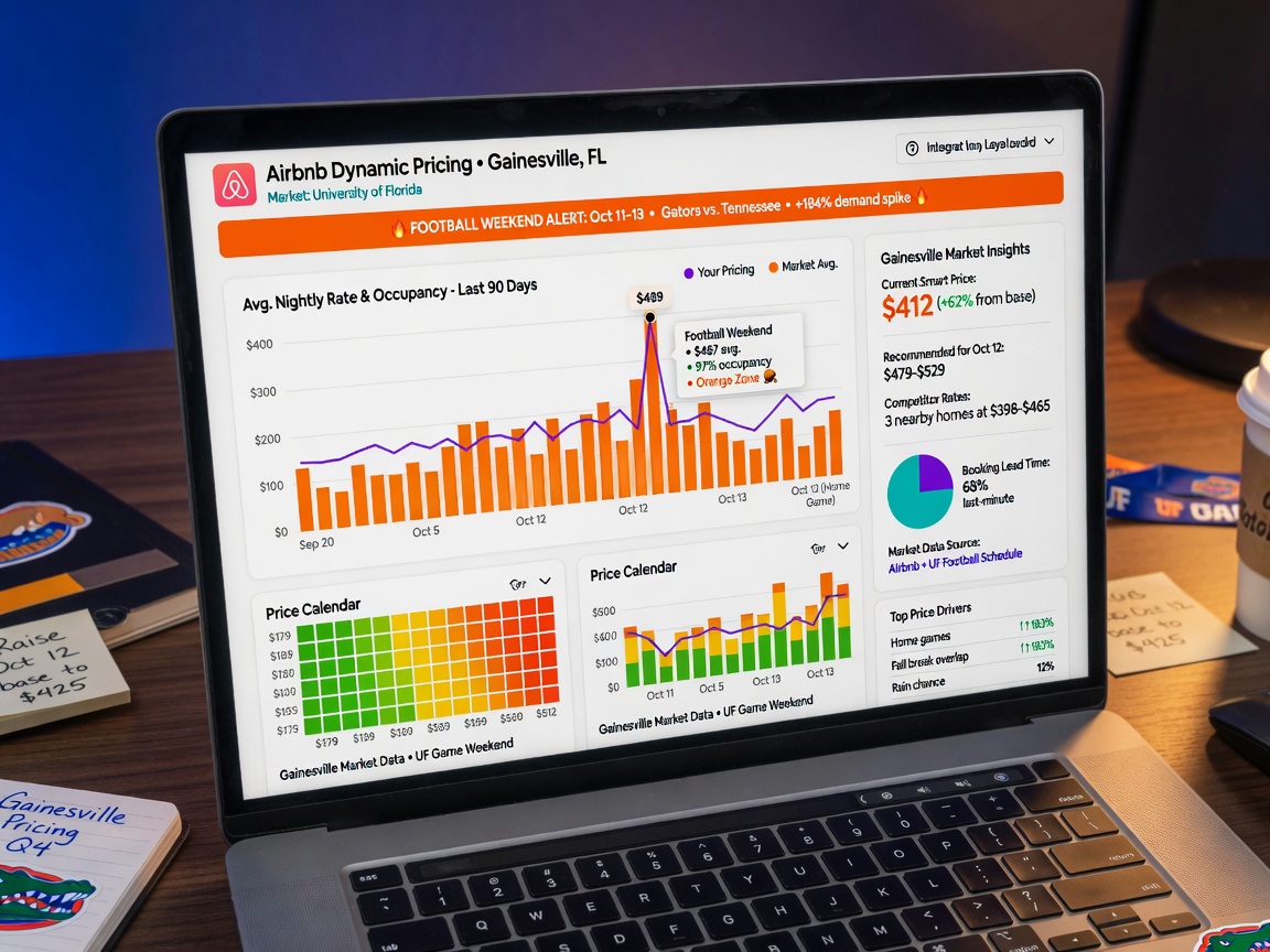Ultra-realistic 8K close-up of modern laptop screen displaying Airbnb dynamic pricing dashboard with colorful rate graphs, Gainesville market data, football weekend price spikes highlighted in orange, professional workspace setting