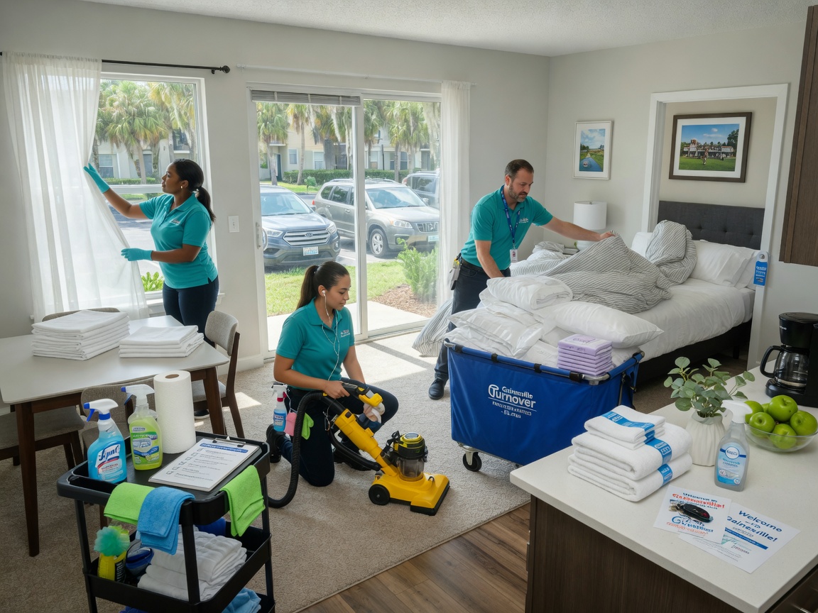 Ultra-realistic 8K image of professional cleaning team efficiently turning over a short term rental property in Gainesville, showing coordinated work with cleaning supplies and fresh linens, bright natural lighting