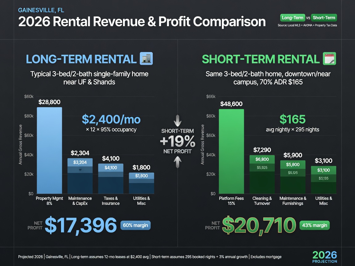 Professional side-by-side financial comparison infographic showing long-term rental vs short-term rental revenue bars and net profit numbers for Gainesville FL properties in 2026, clean minimalist design with green and blue color scheme