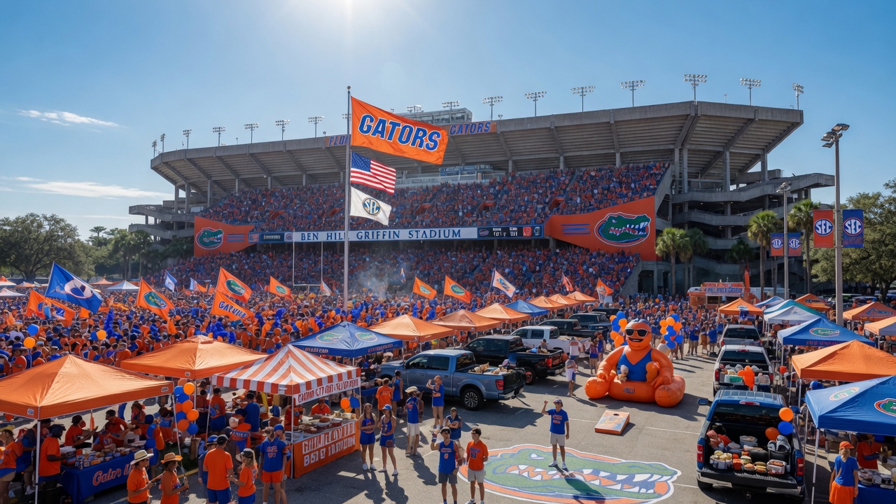 Ultra-realistic 8K image of Ben Hill Griffin Stadium packed with fans on game day, vibrant orange and blue colors, tailgating tents in parking lot, sunny Florida sky, energetic atmosphere