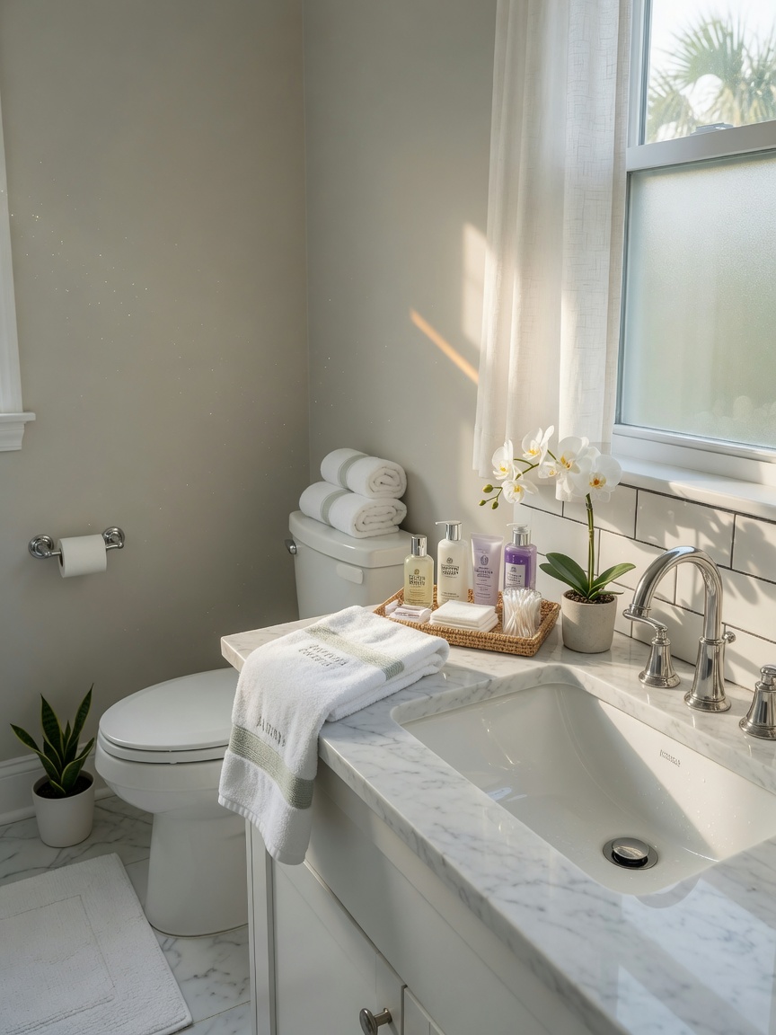 Ultra-realistic 8K close-up of luxury bathroom after professional cleaning for Airbnb in Gainesville, sparkling fixtures, fresh white towels, toiletries neatly arranged, morning sunlight streaming through window