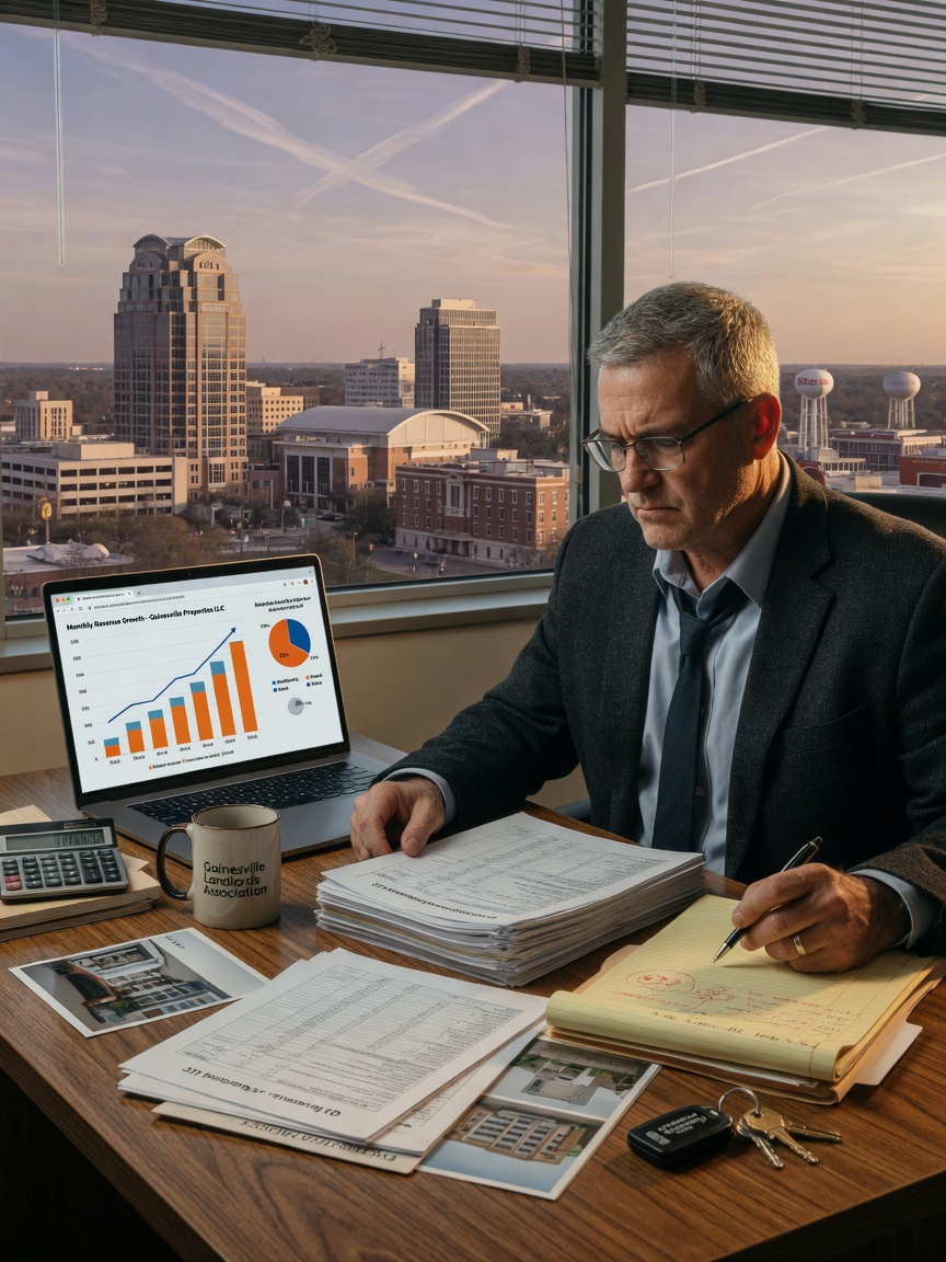 Close-up of a serious middle-aged property owner reviewing financial documents and laptop showing revenue charts at a wooden desk with Gainesville skyline visible through window