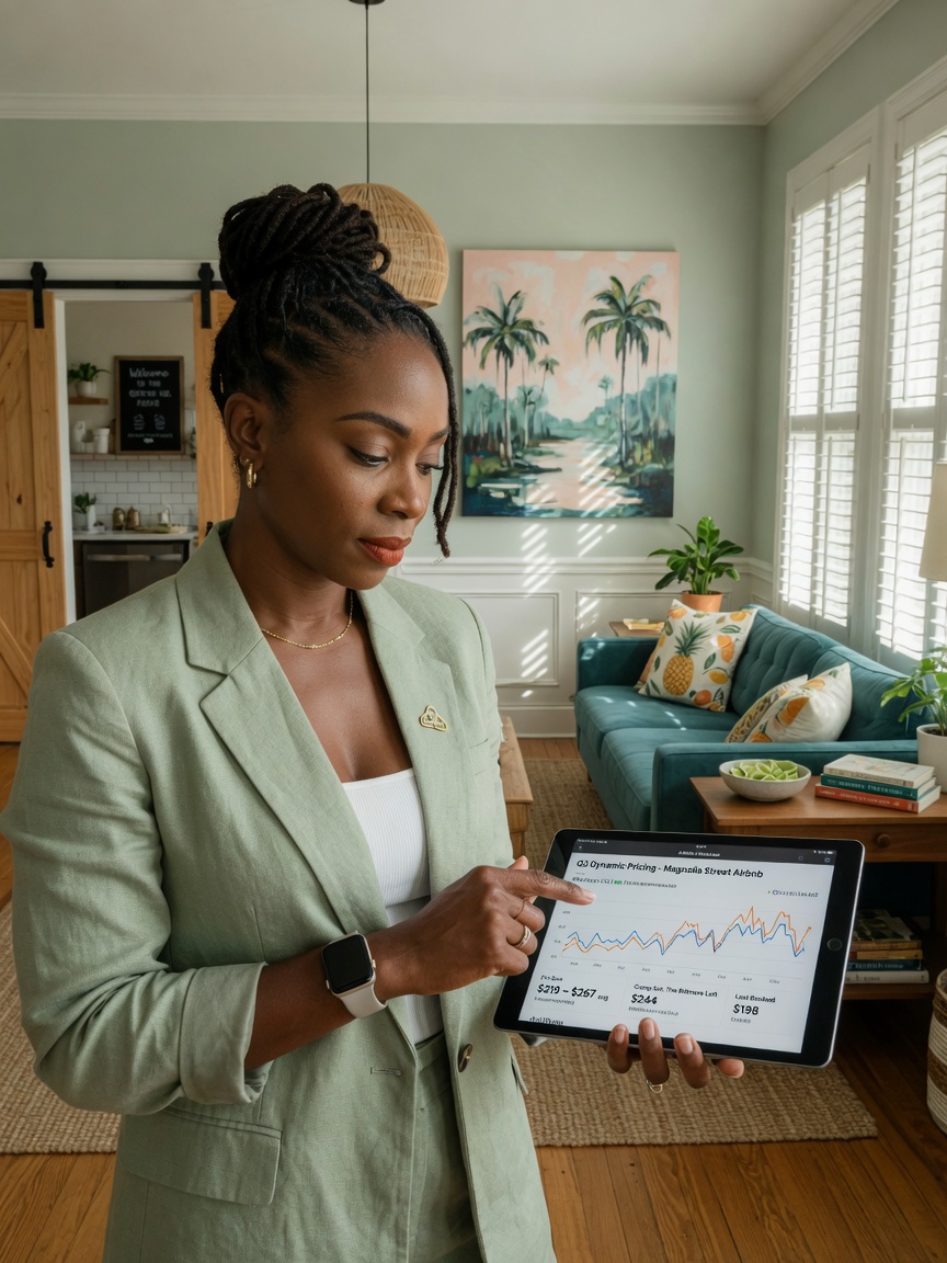 Ultra-realistic 8K portrait of professional female property manager in her 30s reviewing pricing analytics on tablet while standing in stylish Gainesville Airbnb living room with natural light