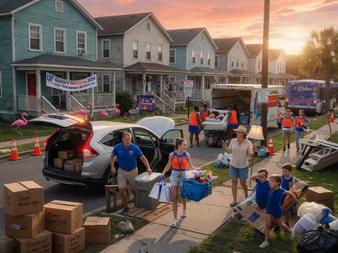 Ultra-realistic 8K photograph of chaotic move-in day at University of Florida with parents and students carrying boxes near short term rental properties, capturing the energy of Gainesville college town