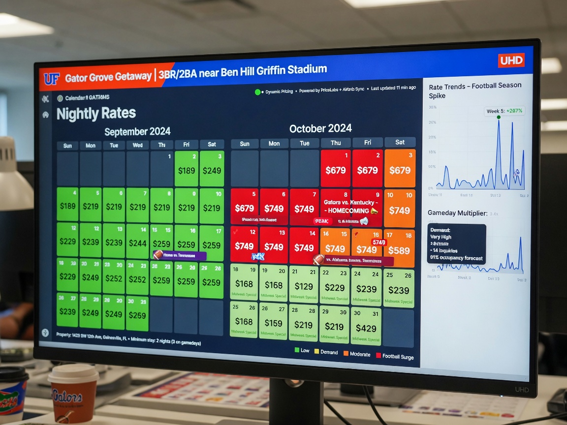Dynamic pricing calendar on a large monitor displaying fluctuating nightly rates for a Gainesville short-term rental with peaks during football season, ultra-detailed 8K