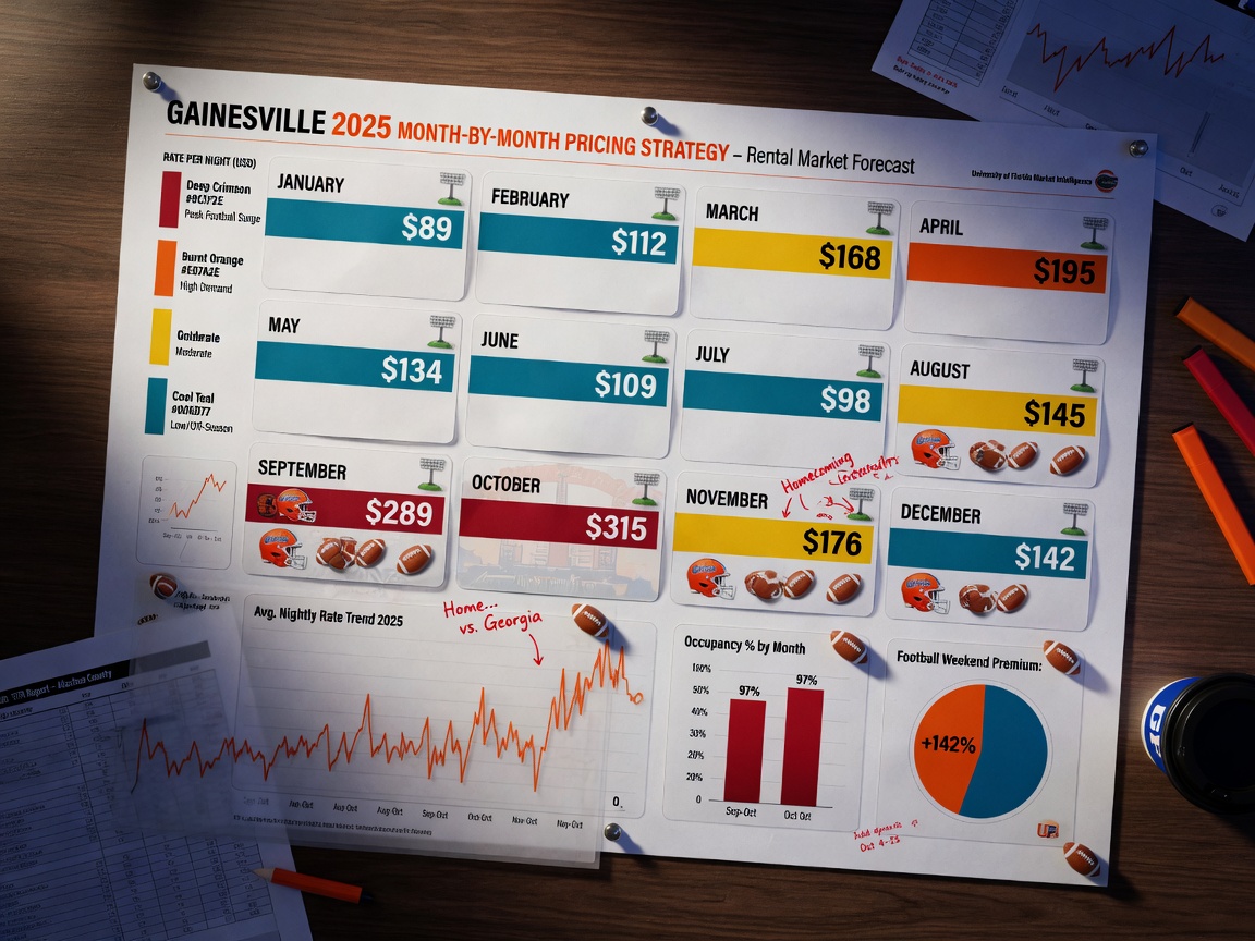Ultra-realistic 8K calendar visualization showing month-by-month pricing strategy for 2025 in Gainesville with color-coded rate indicators, football icons for September-October, data charts overlay