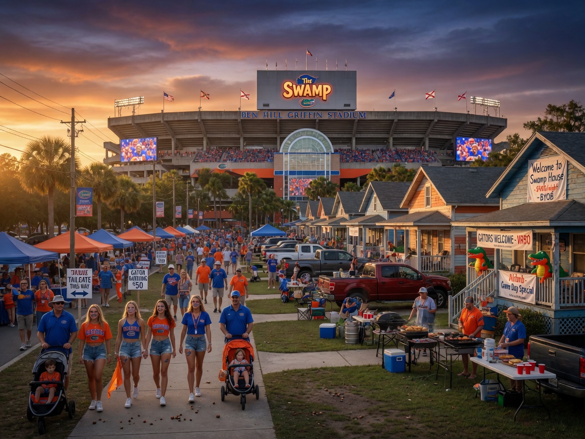 Ultra-realistic 8K image of Ben Hill Griffin Stadium on game day with crowds of fans walking toward tailgating areas near short term rental homes in Gainesville Florida