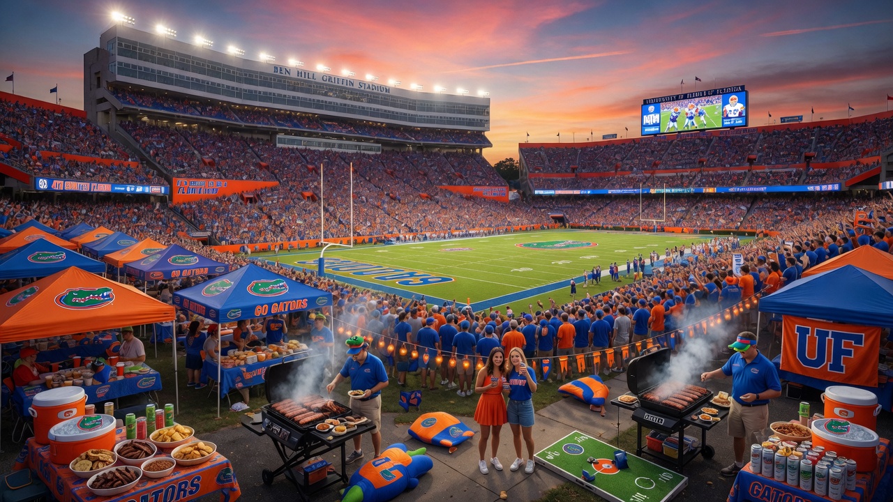University of Florida Ben Hill Griffin Stadium filled with fans on game day with tailgating activity in foreground, realistic 8K photography