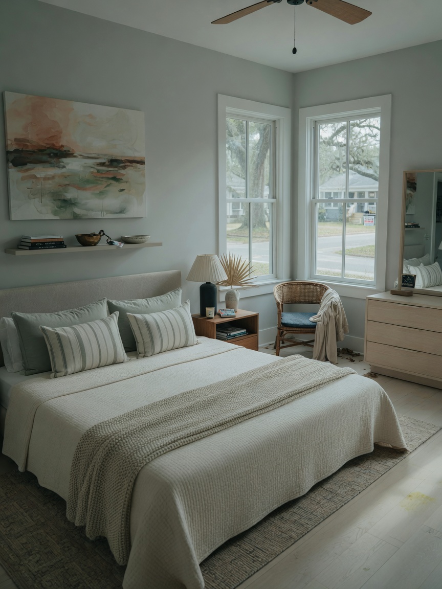 Ultra-realistic 8K image of empty luxury Airbnb bedroom during slow season in Gainesville, soft natural lighting through windows, tasteful decor, clean minimalist design, slightly desaturated tones