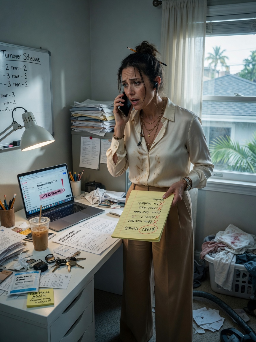 Ultra-realistic 8K photograph of a stressed property owner on phone trying to coordinate last-minute cleaning for Airbnb guests in cluttered office, natural window light, realistic expression
