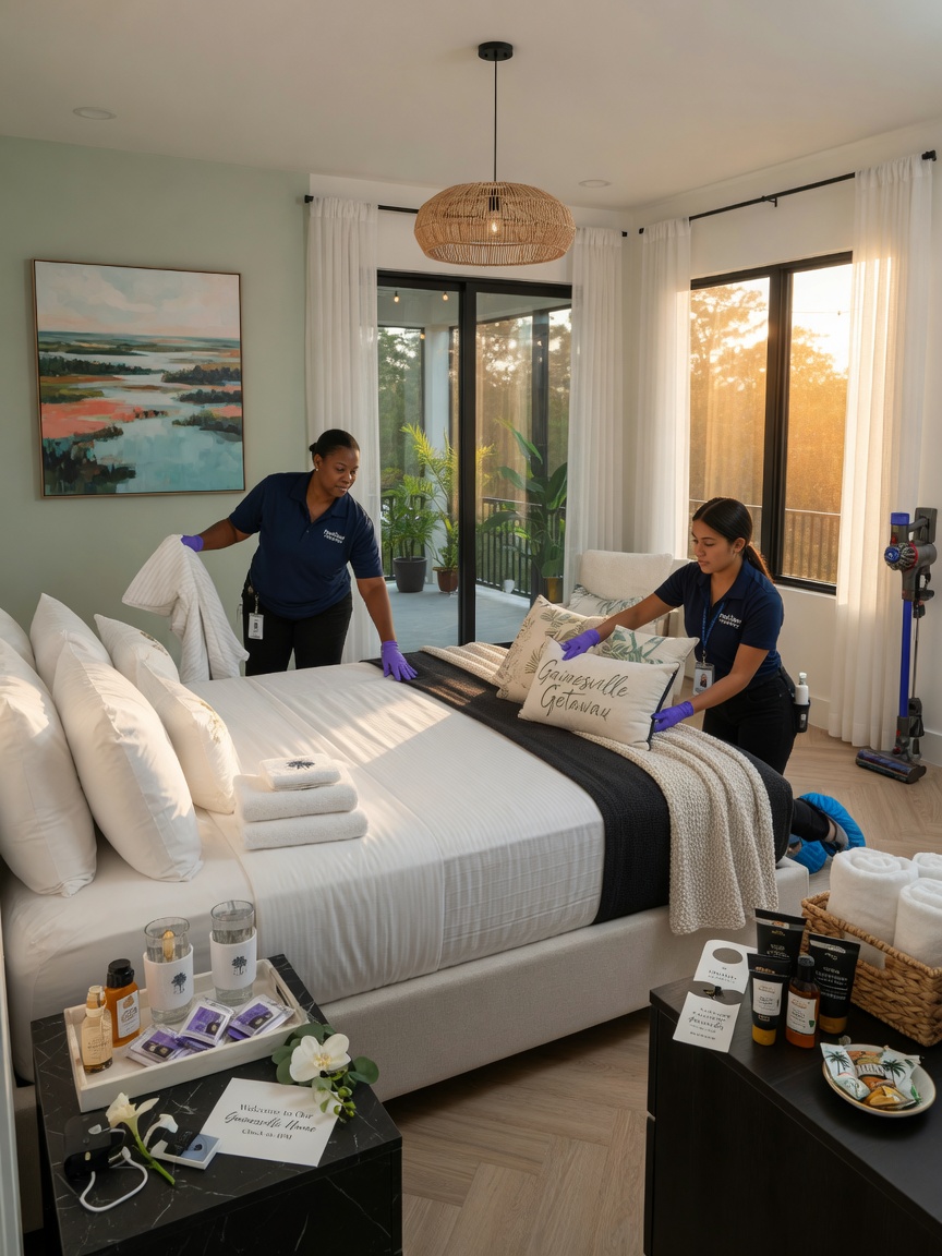 Professional cleaning team preparing a luxury short-term rental bedroom with fresh linens and amenities in a modern Gainesville vacation home