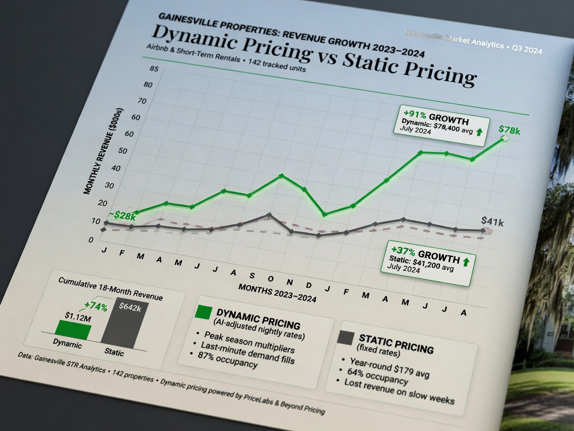 Ultra-realistic 8K comparison chart graphic showing revenue growth from dynamic pricing versus static pricing for Gainesville properties, green upward trending lines, professional financial visualization
