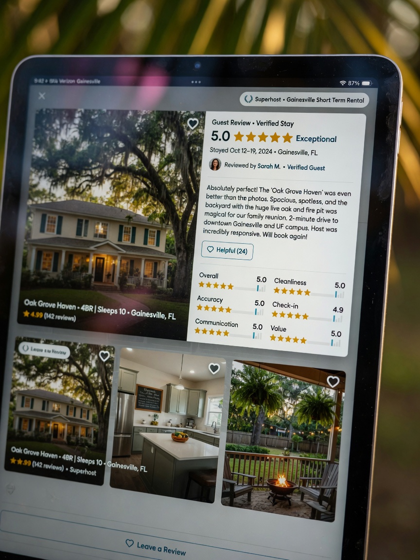 Ultra-realistic 8K image of 5-star guest review interface on tablet showing excellent ratings for Gainesville short term rental, with beautiful property photos in background