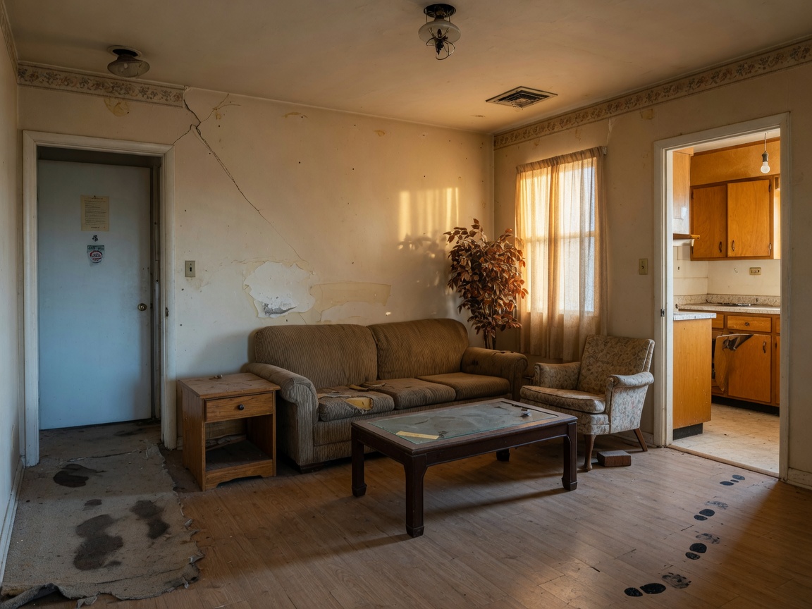 Empty long-term rental property interior showing signs of wear with dated furniture and minor damage needing repairs, realistic and detailed