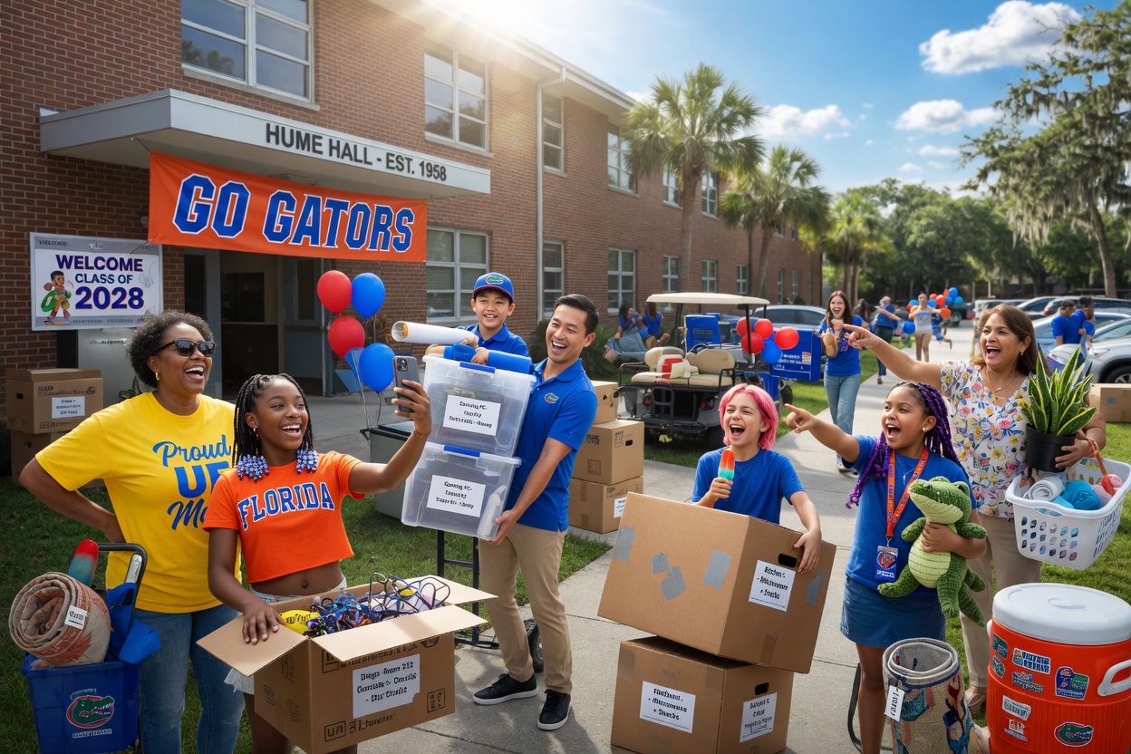 Ultra-realistic 8K photo of diverse group of University of Florida students and families moving into dorms during move-in day, sunny weather, cardboard boxes, excited expressions