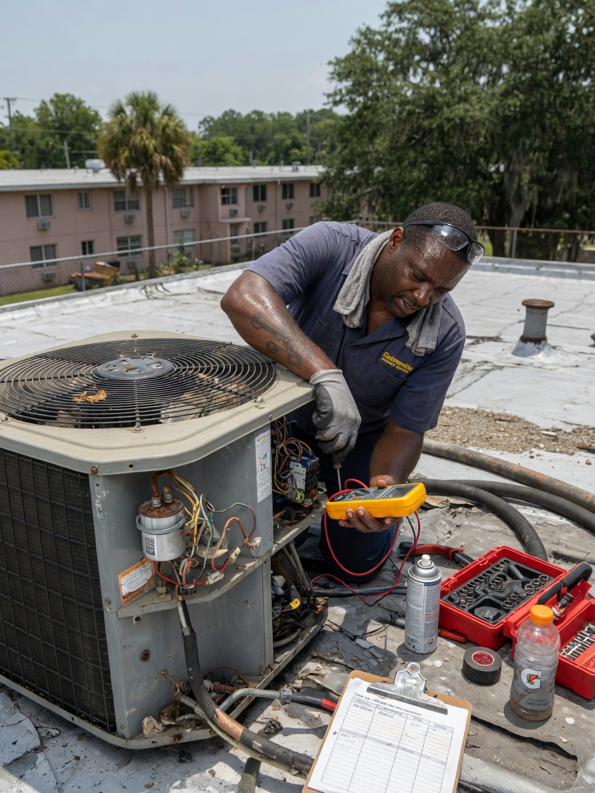 Ultra-realistic 8K close-up of maintenance technician repairing air conditioning unit on roof of Gainesville rental property during hot summer day, tools and equipment visible