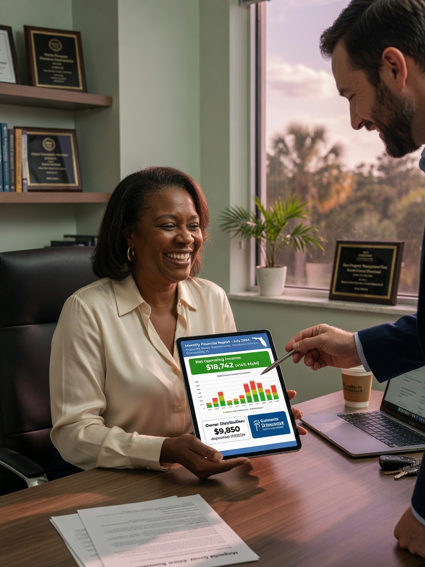 Happy property owner receiving monthly financial report from professional property manager via tablet in upscale Gainesville office