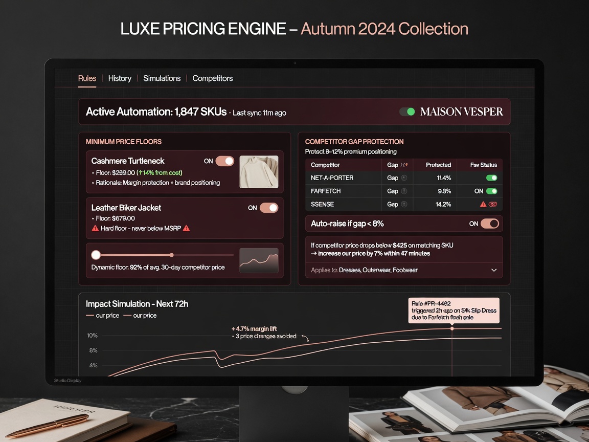Ultra-realistic 8K image of sophisticated pricing automation rules interface on computer monitor, showing minimum price floors, competitor gap protection settings, clean UI design