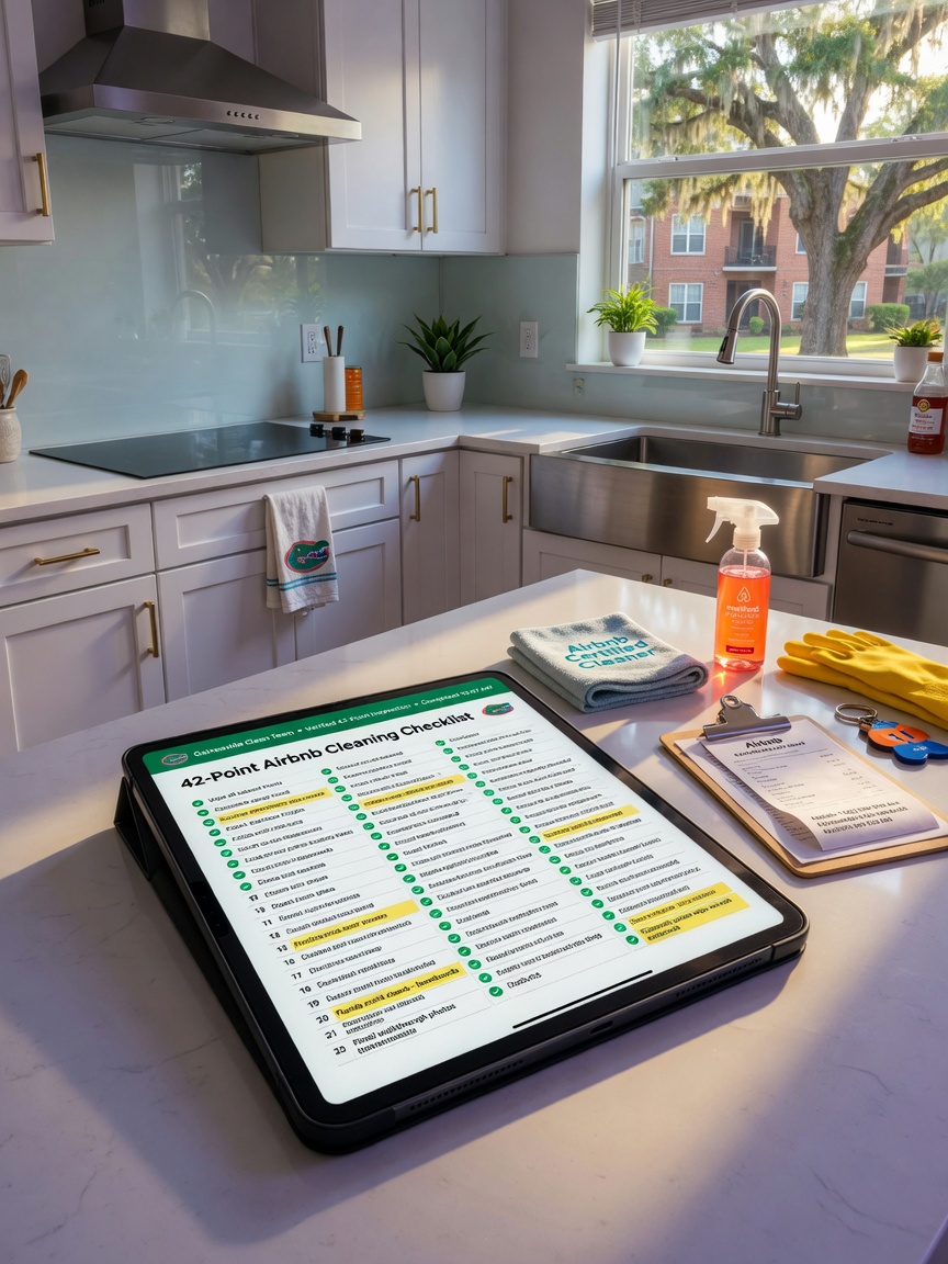 Ultra-realistic 8K photograph of comprehensive 42-point cleaning checklist on digital tablet next to freshly cleaned Airbnb kitchen in Gainesville Florida