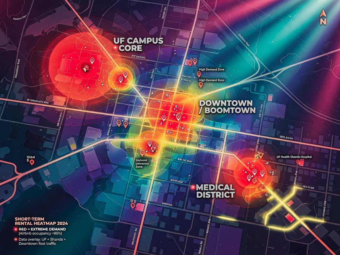 Map of Gainesville Florida highlighting high-demand short-term rental zones near UF campus, downtown, and medical district with heat map overlay
