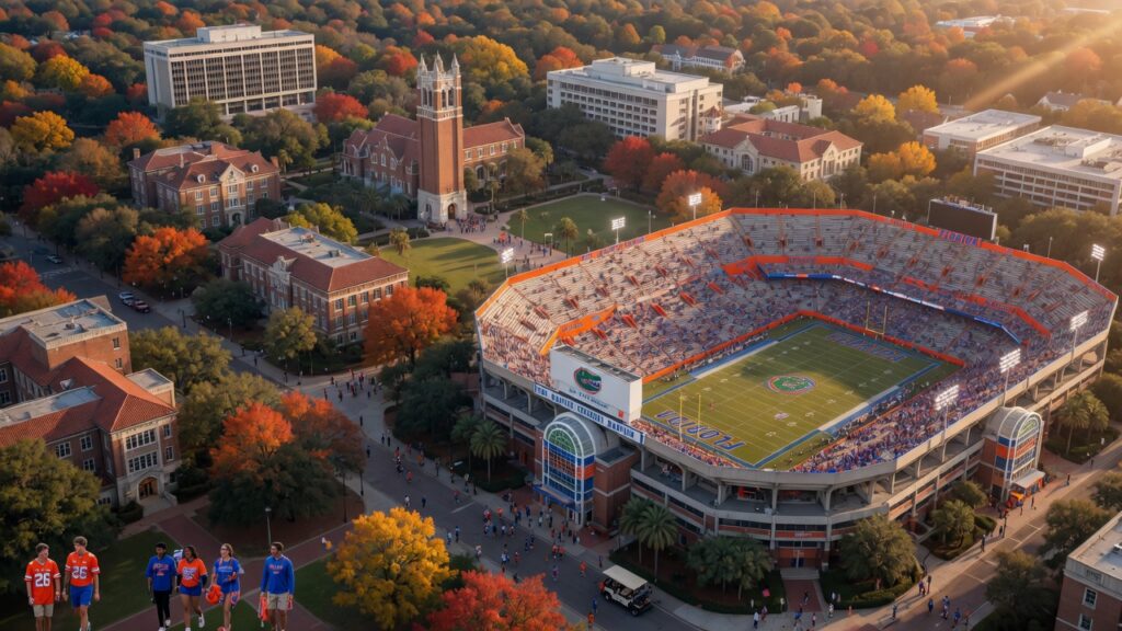 Ultra-realistic 8K aerial photograph of University of Florida campus in Gainesville during football season with Ben Hill Griffin Stadium prominently visible, vibrant fall colors, students walking between buildings, detailed architectural elements, cinematic lighting