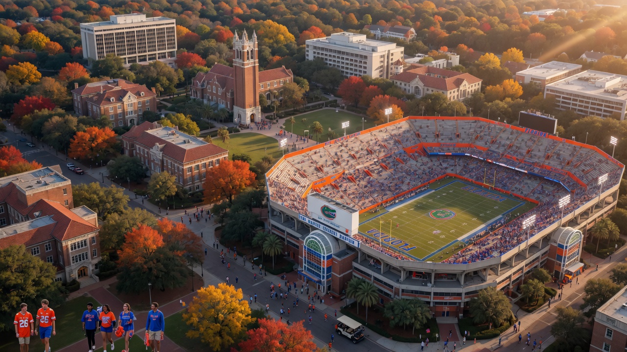 Ultra-realistic 8K aerial photograph of University of Florida campus in Gainesville during football season with Ben Hill Griffin Stadium prominently visible, vibrant fall colors, students walking between buildings, detailed architectural elements, cinematic lighting