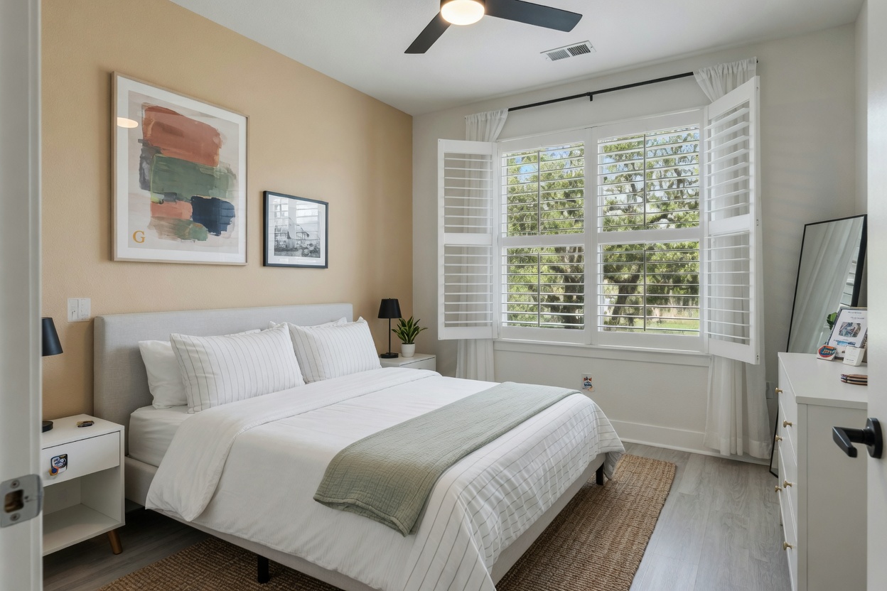 Ultra-realistic 8K image of an empty modern bedroom in a Gainesville rental property with fresh linens, natural light, tasteful wall art, clean and inviting atmosphere, real estate photography