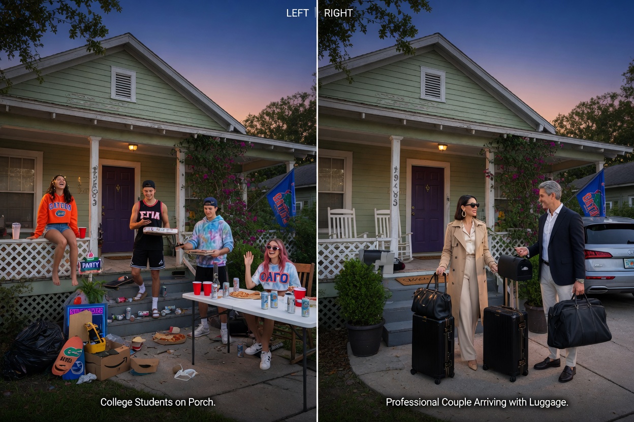 Ultra-realistic 8K split-screen comparison showing the same Gainesville house in two scenarios: left side with college students on porch, right side with professional couple arriving with luggage