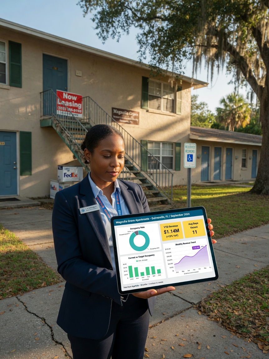 Ultra-realistic 8K image of a property manager holding tablet showing rental analytics dashboard with occupancy rates and revenue charts, standing in front of Gainesville rental property