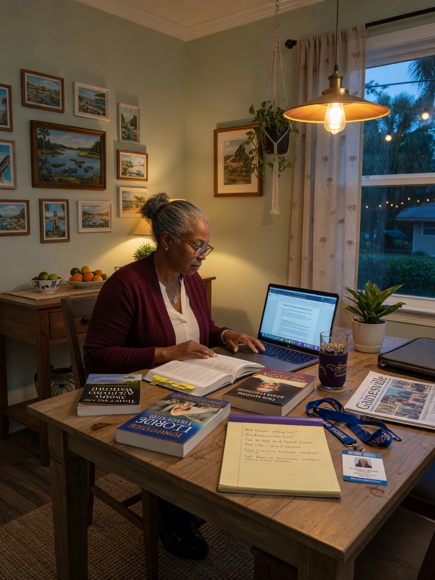 Ultra-realistic 8K image of visiting faculty member working at dining table in a tastefully decorated Gainesville rental home, books and laptop open, warm interior lighting
