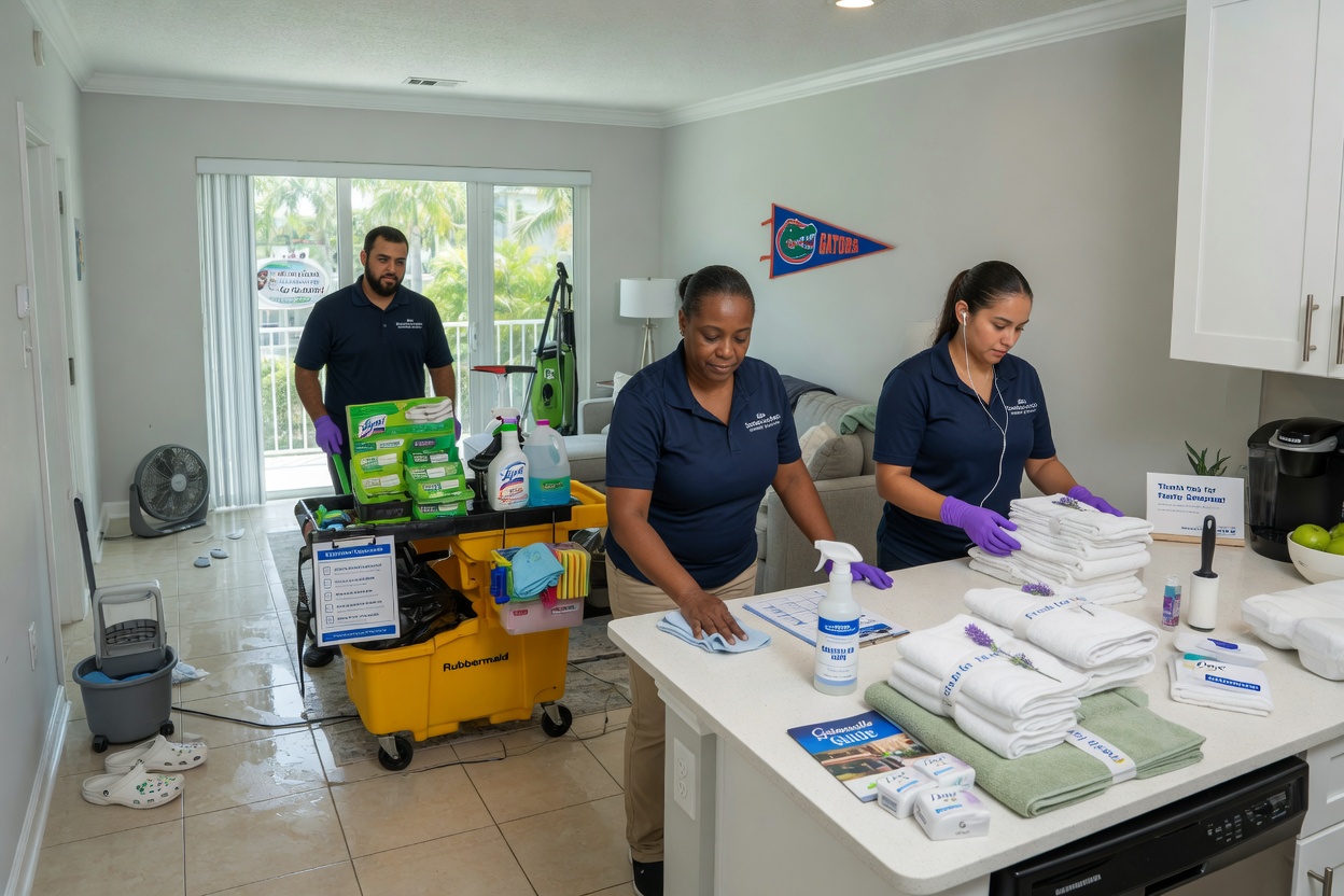 Ultra-realistic 8K photograph of cleaning crew preparing a Gainesville rental property for next guests, professional equipment, fresh towels, attention to detail, bright and clean environment