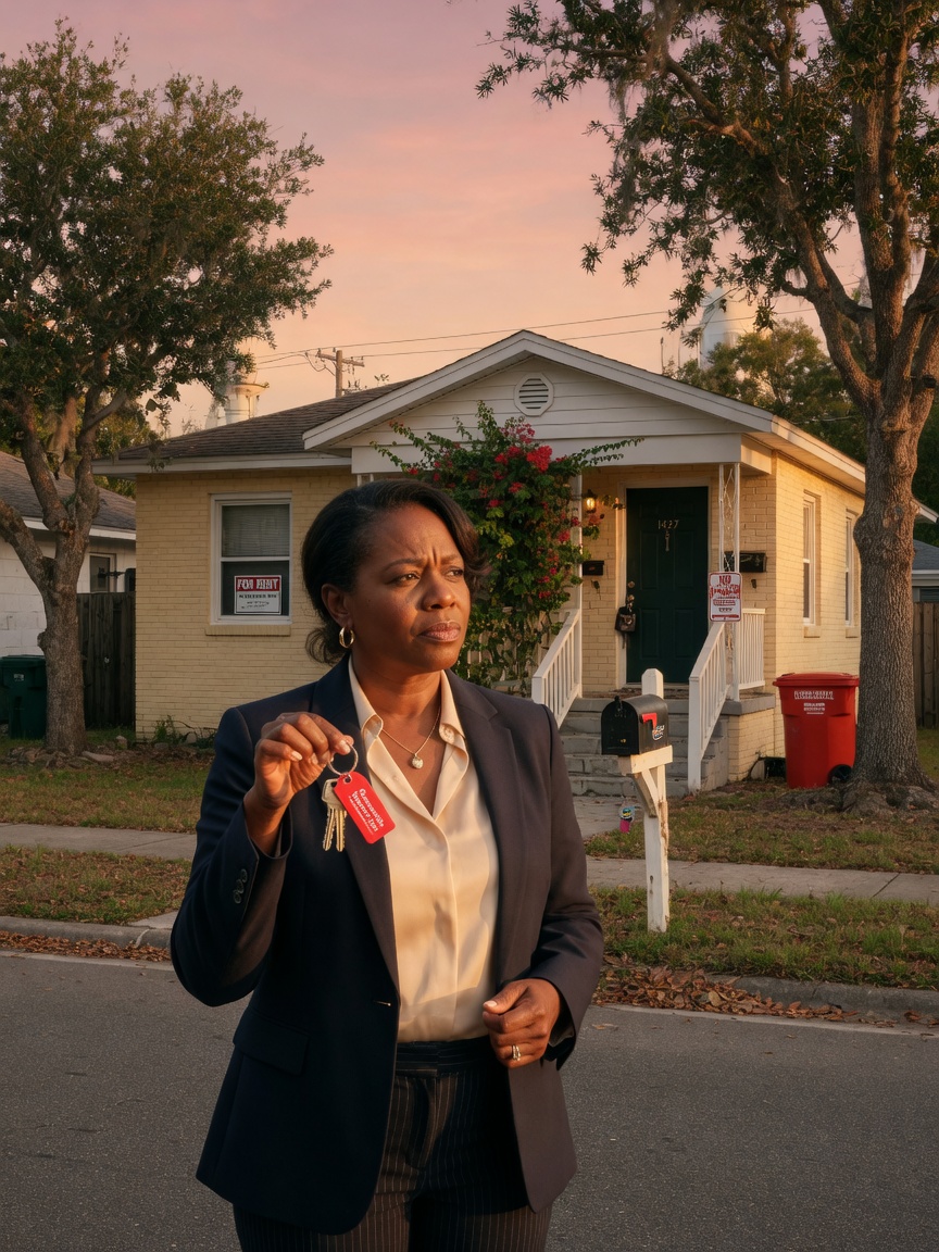 Ultra-realistic 8K image of a Gainesville property owner standing in front of their investment house, thoughtful expression, holding house keys, professional attire, golden hour lighting