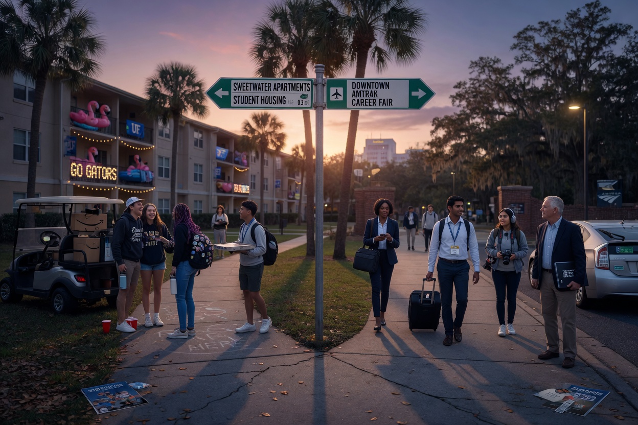 Ultra-realistic 8K conceptual image showing two paths diverging in a Gainesville setting, one path leading to student housing with groups of students, other path showing diverse travelers and professionals, symbolic decision making