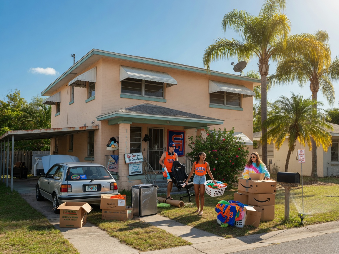 Ultra-realistic 8K image of a well-maintained 4-bedroom student rental house in Gainesville Florida with UF students moving in, boxes on the lawn, palm trees, sunny day, highly detailed architectural features