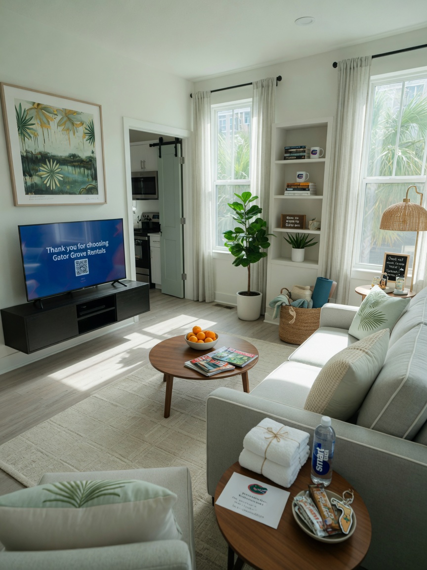 Ultra-realistic 8K interior photograph of a clean, modern Gainesville rental property living room prepared for short-term guests, tasteful decor, natural light streaming through windows, high-end furnishings